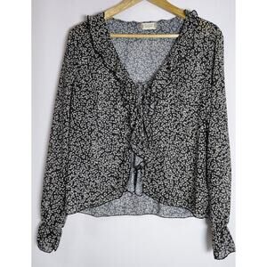 alter'd state Floral Ruffle Blouse Black Long Sleeve V-Neck Women Size M